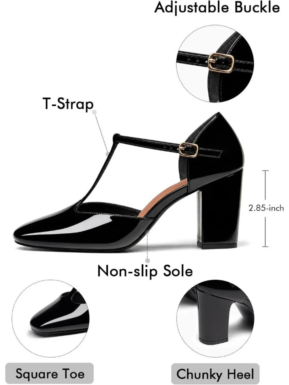 Women's Black Mary Jane Chunky Heel Square Closed Toe Pumps Ankle Strap Shoes